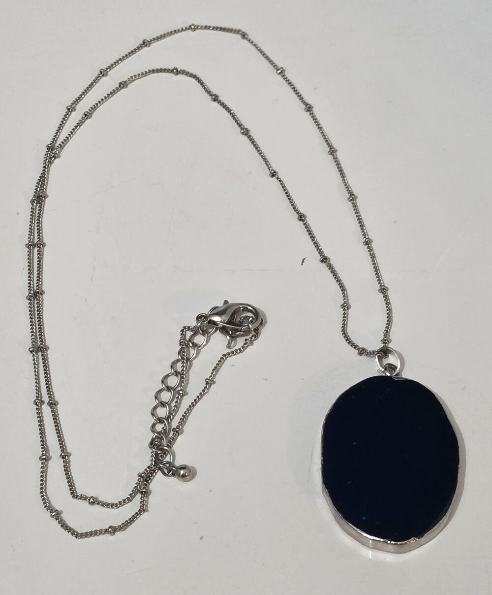 Vintage 30" Silver Tone Necklace with Blue Polished Stone Pendant